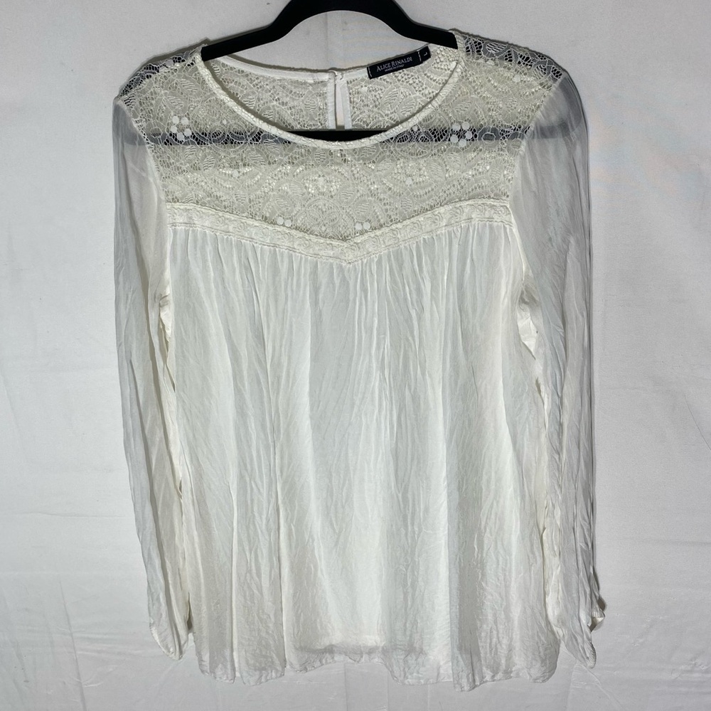 Alice Rinaldi White Cream Lace Silk Long Sleeve Blouse L